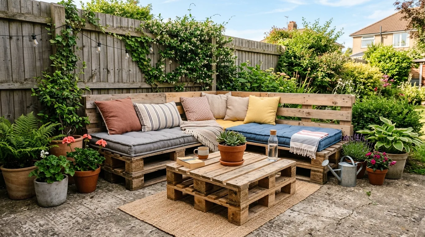 Concrete Patio With Wooden Pallet Furniture